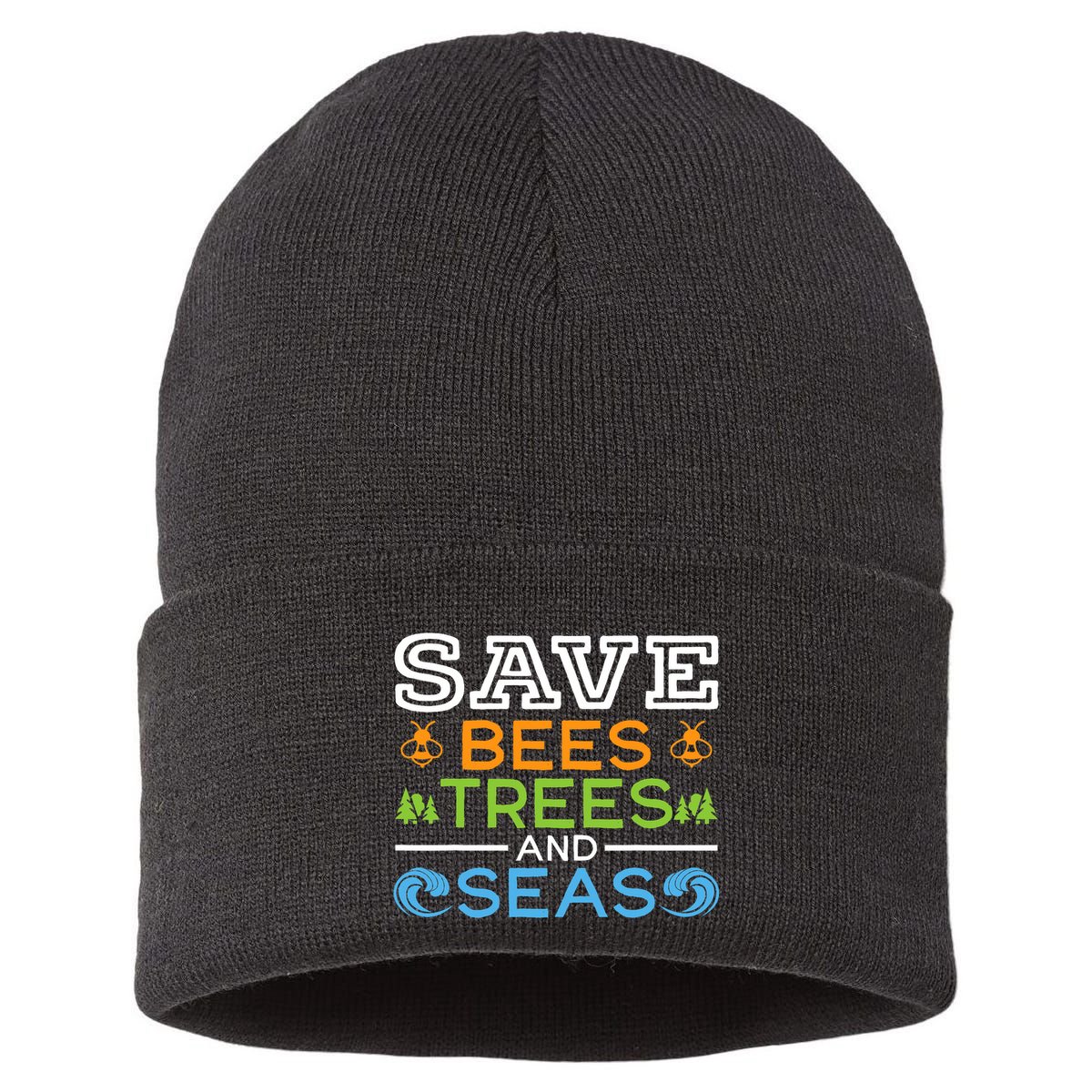 Save Bees Trees And Seas Earth Day Environmentalist Ocean Sustainable Knit Beanie