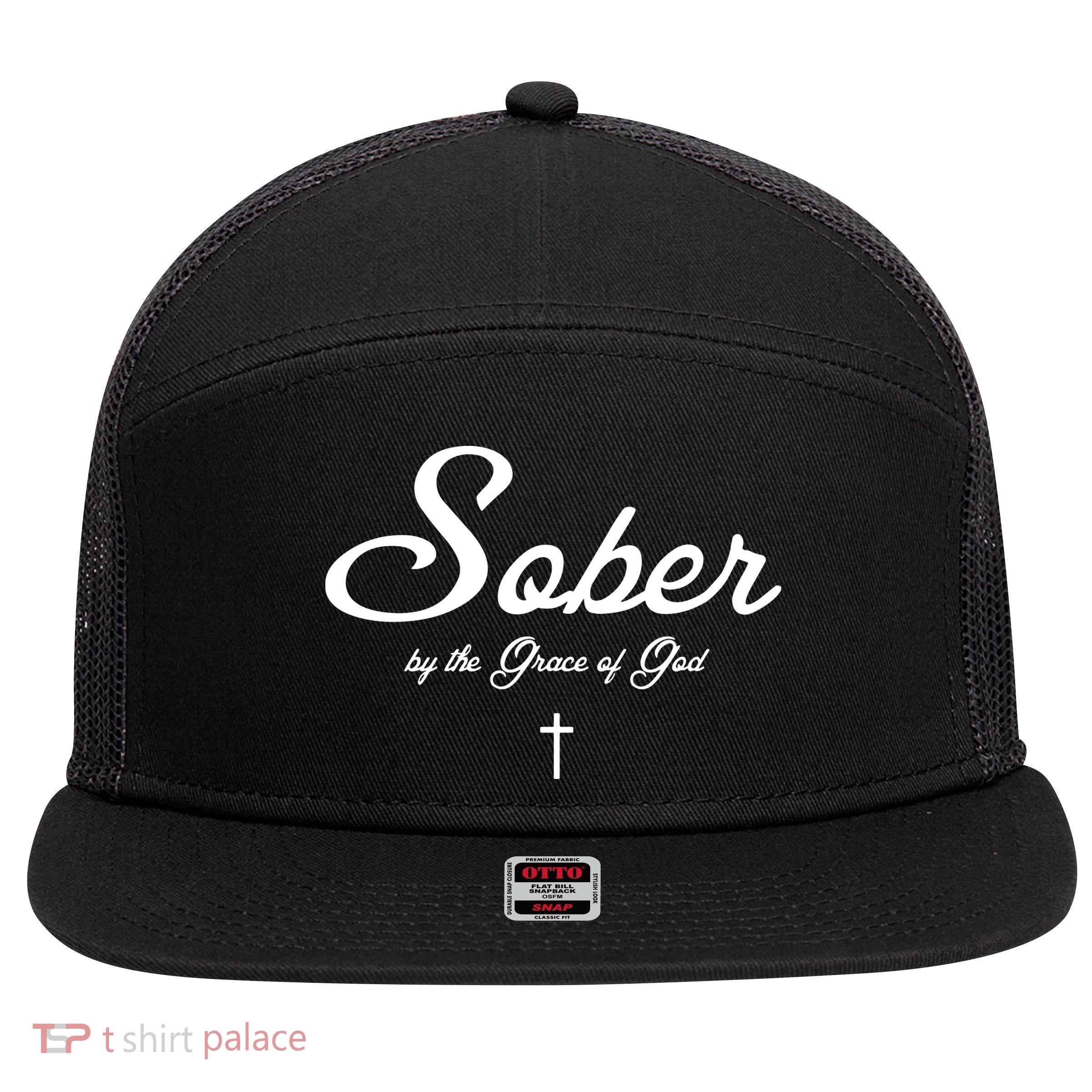 Sober By The Grace Of God Recovery Funny Christian 7 Panel Mesh Trucker Snapback Hat