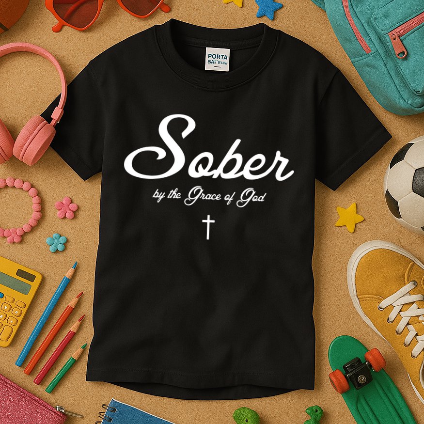 Sober By The Grace Of God Recovery Funny Christian Kids T-Shirt