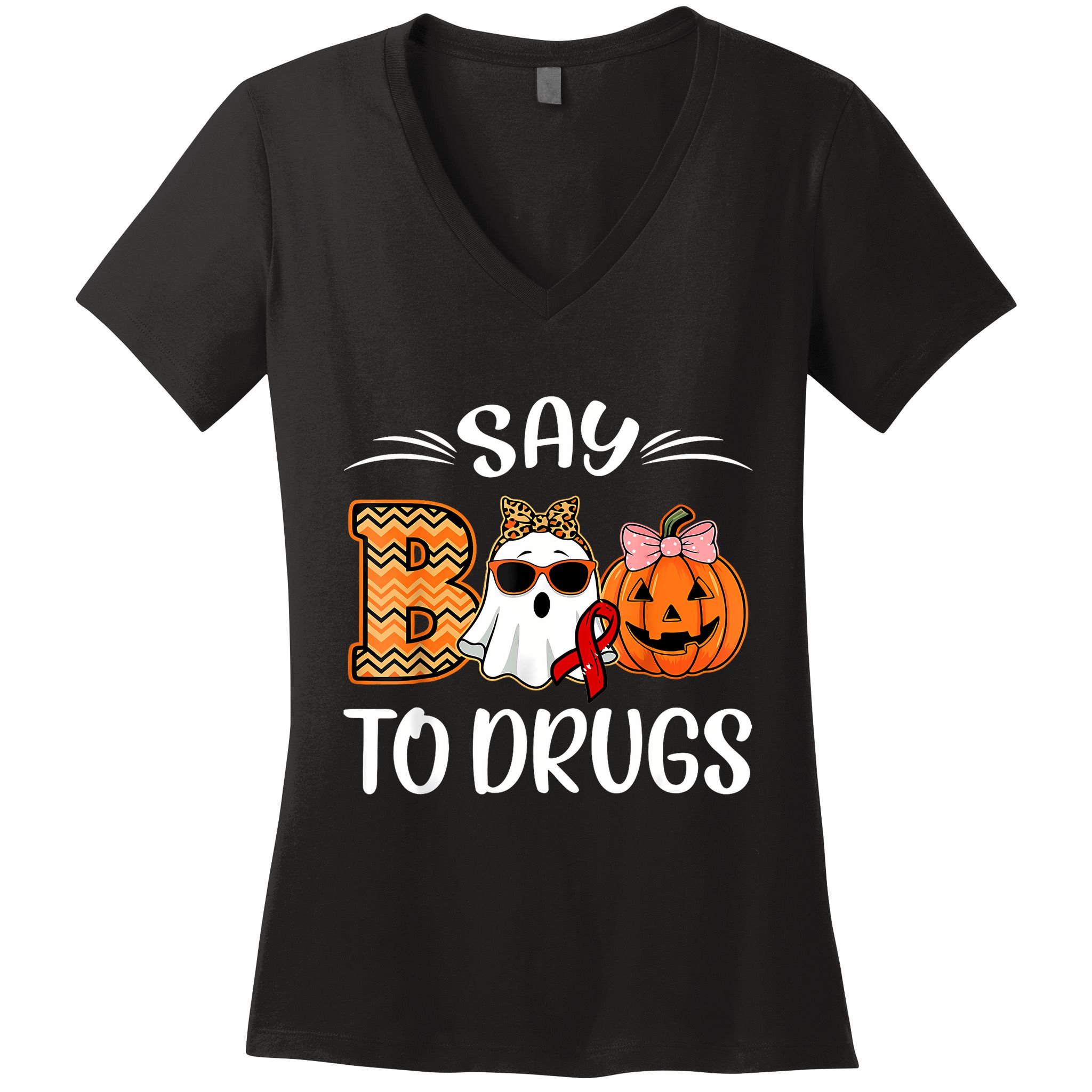 Say Boo To Drugs Red Ribbon Week Awareness Funny Halloween Women's V-Neck T-Shirt