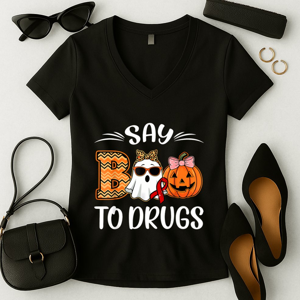 Say Boo To Drugs Red Ribbon Week Awareness Funny Halloween Women's V-Neck T-Shirt