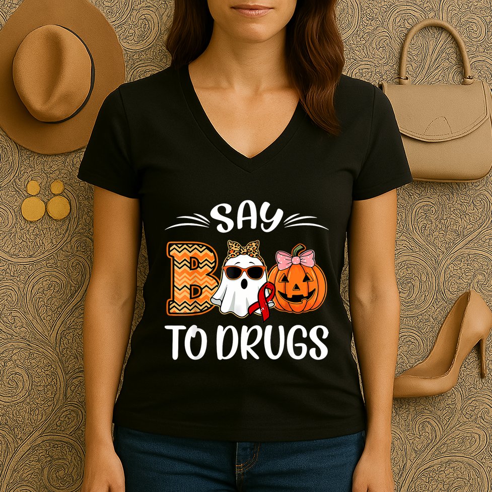 Say Boo To Drugs Red Ribbon Week Awareness Funny Halloween Women's V-Neck T-Shirt