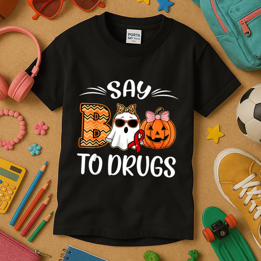 Say Boo To Drugs Red Ribbon Week Awareness Funny Halloween Kids T-Shirt