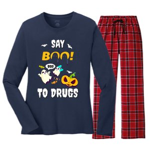 Say Boo To Drugs Red Ribbon Week Awareness Women's Long Sleeve Flannel Pajama Set 