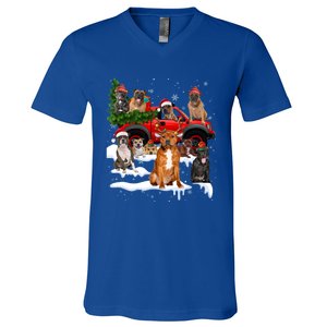 Staffordshire Bull Terrier Red Truck Christmas Tree Santa Gift V-Neck T-Shirt