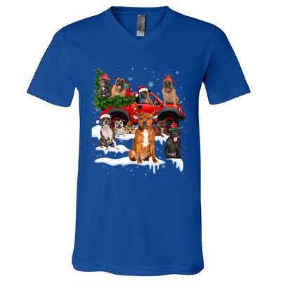 Staffordshire Bull Terrier Red Truck Christmas Tree Santa Gift V-Neck T-Shirt