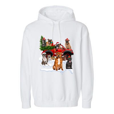 Staffordshire Bull Terrier Red Truck Christmas Tree Santa Gift Garment-Dyed Fleece Hoodie