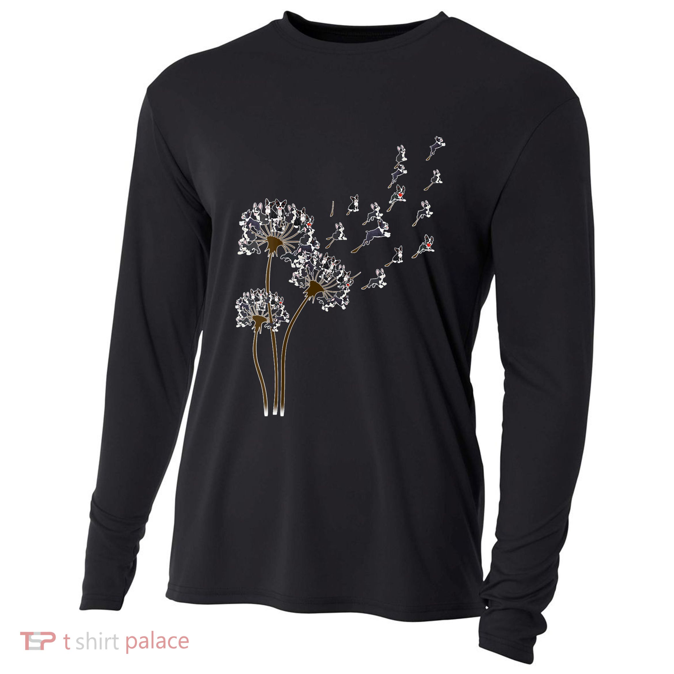 S Boston Terrier Flower Fly Dandelion Boston Terrier Funny Dog V Neck Cooling Performance Long Sleeve Crew
