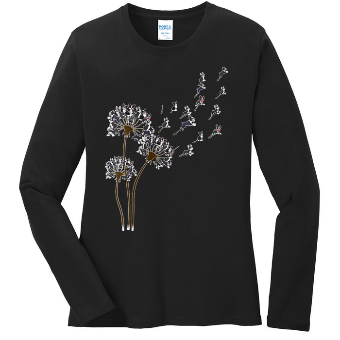 S Boston Terrier Flower Fly Dandelion Boston Terrier Funny Dog V Neck Ladies Long Sleeve Shirt