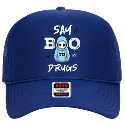 Say Boo To Drugs Funny Halloween Red Ribbon Week Awareness High Crown Mesh Back Trucker Hat