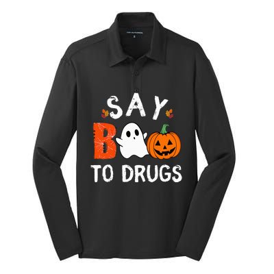 Say Boo To Drugs Funny Halloween Red Ribbon Week Awareness Silk Touch Performance Long Sleeve Polo