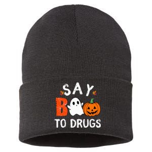 Say Boo To Drugs Funny Halloween Red Ribbon Week Awareness Sustainable Knit Beanie