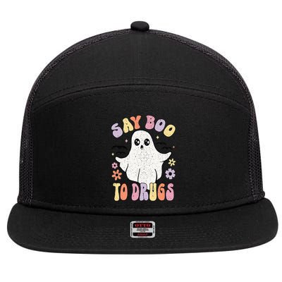 Say Boo To Drugs Funny Halloween Red Ribbon Week Awareness 7 Panel Mesh Trucker Snapback Hat