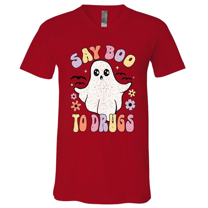 Say Boo To Drugs Funny Halloween Red Ribbon Week Awareness V-Neck T-Shirt