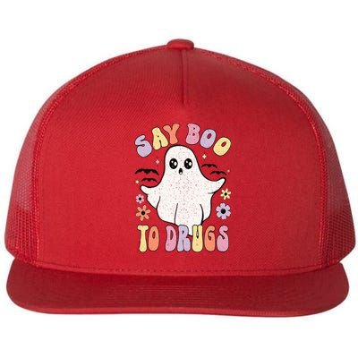 Say Boo To Drugs Funny Halloween Red Ribbon Week Awareness Flat Bill Trucker Hat