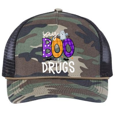 Say Boo To Drugs Funny Halloween Red Ribbon Week Awareness Retro Rope Trucker Hat Cap