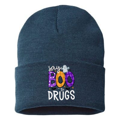 Say Boo To Drugs Funny Halloween Red Ribbon Week Awareness Sustainable Knit Beanie