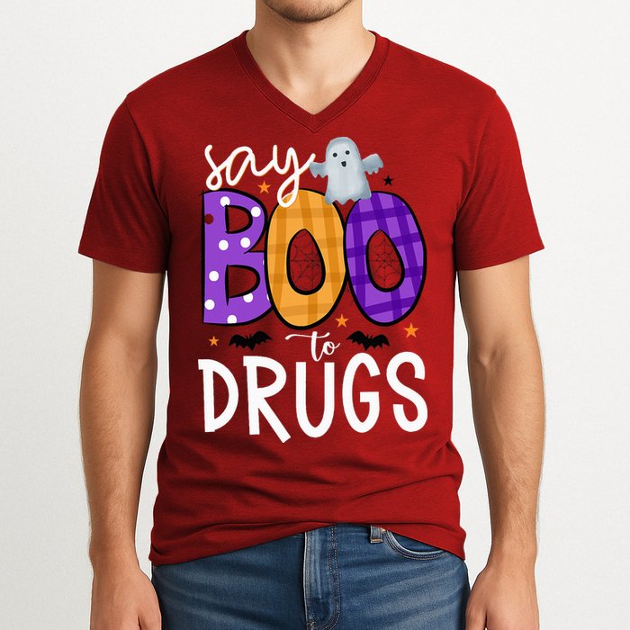 Say Boo To Drugs Funny Halloween Red Ribbon Week Awareness V-Neck T-Shirt