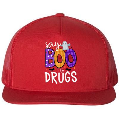 Say Boo To Drugs Funny Halloween Red Ribbon Week Awareness Flat Bill Trucker Hat
