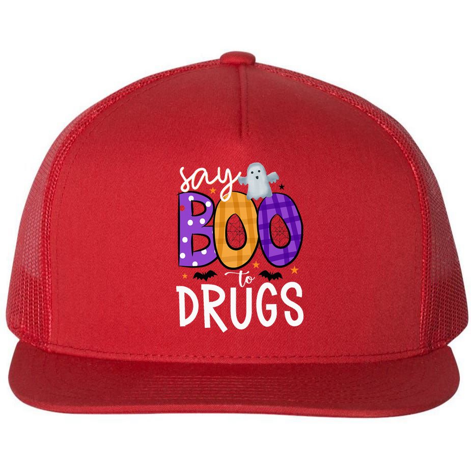 Say Boo To Drugs Funny Halloween Red Ribbon Week Awareness Flat Bill Trucker Hat