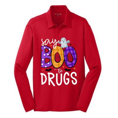 Say Boo To Drugs Funny Halloween Red Ribbon Week Awareness Silk Touch Performance Long Sleeve Polo