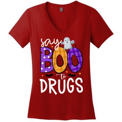 Say Boo To Drugs Funny Halloween Red Ribbon Week Awareness Women's V-Neck T-Shirt
