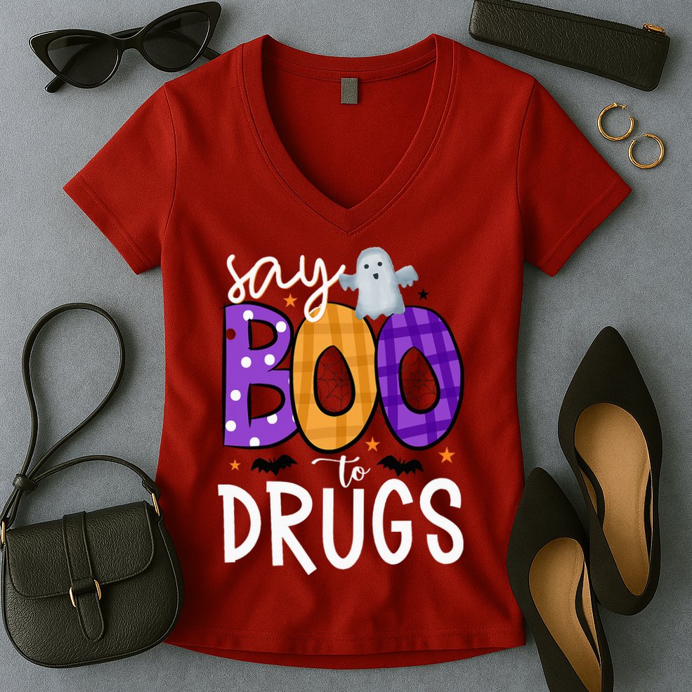 Say Boo To Drugs Funny Halloween Red Ribbon Week Awareness Women's V-Neck T-Shirt