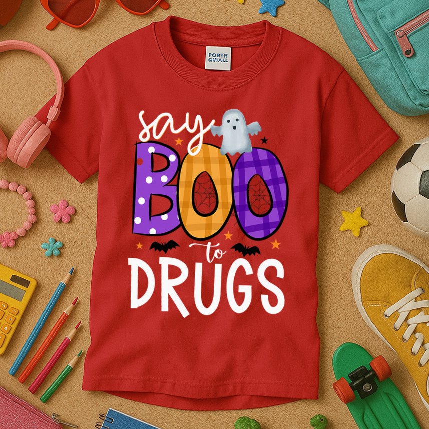 Say Boo To Drugs Funny Halloween Red Ribbon Week Awareness Kids T-Shirt