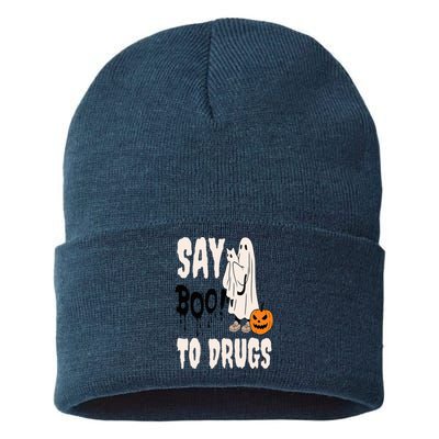 Say Boo To Drugs Funny Halloween Red Ribbon Week Awareness Sustainable Knit Beanie