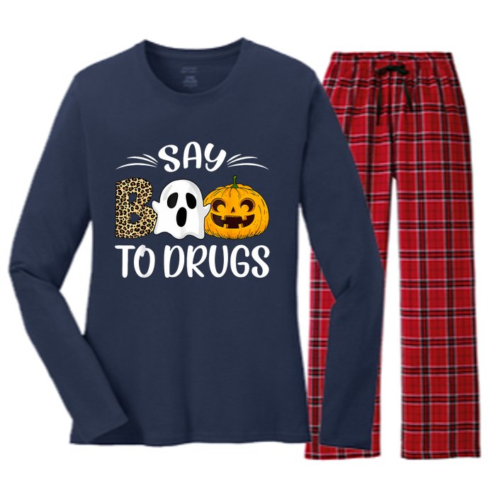 Say Boo To Drugs Red Ribbon Week Awareness Funny Halloween Women's Long Sleeve Flannel Pajama Set 