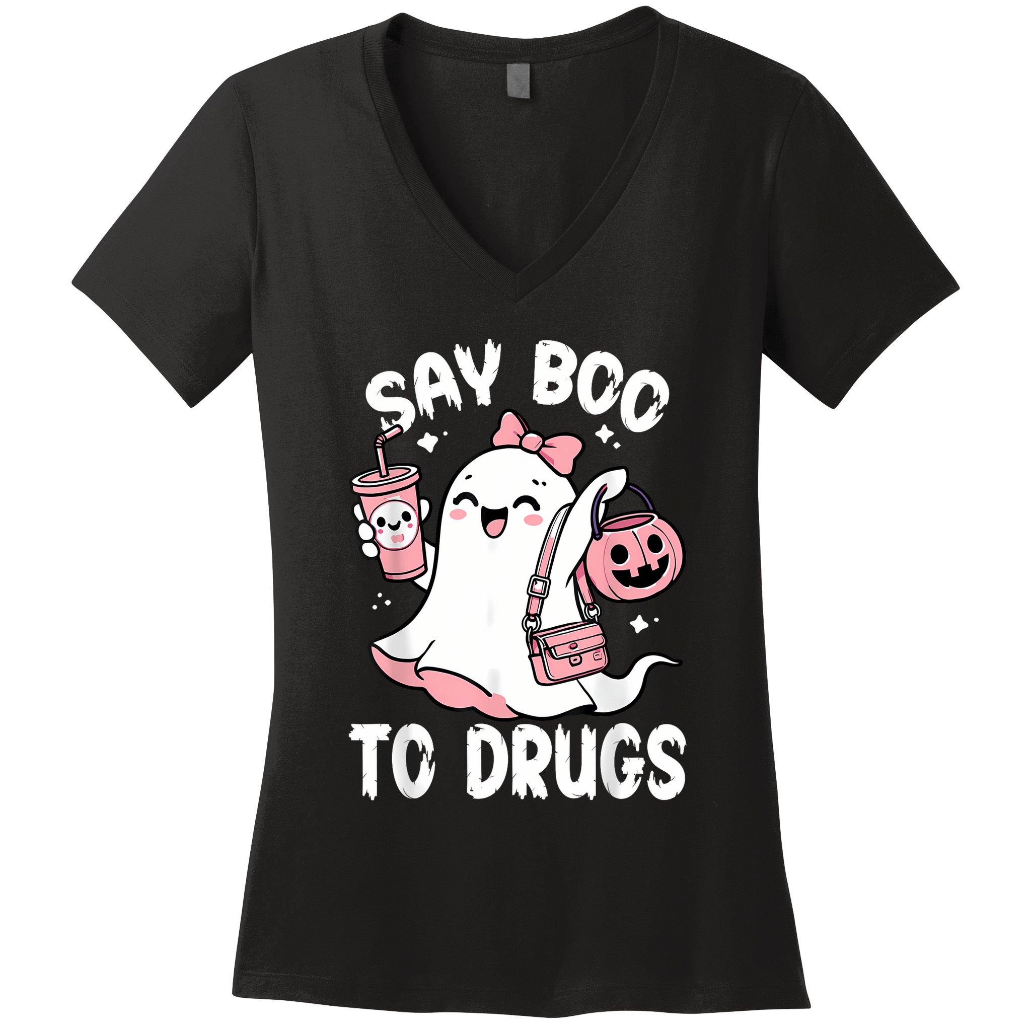 Say Boo To Drugs Funny Halloween Red Ribbon Week Awareness Women's V-Neck T-Shirt