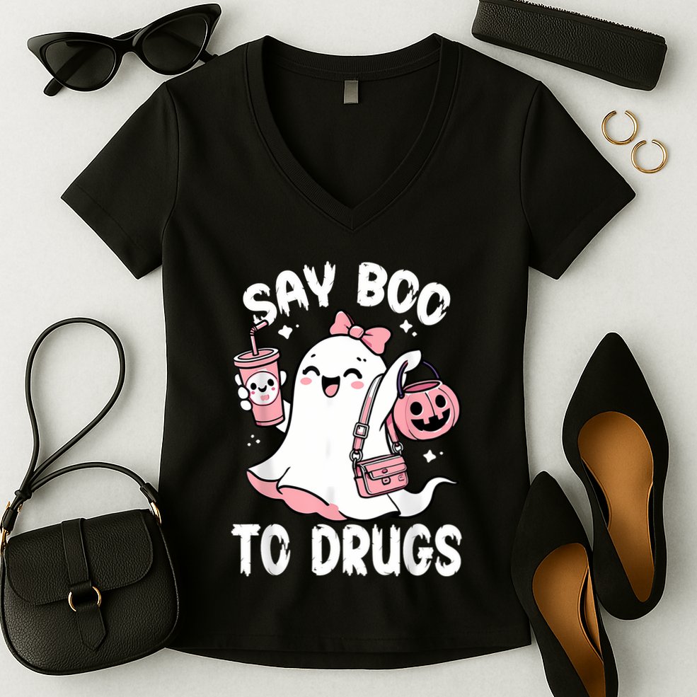 Say Boo To Drugs Funny Halloween Red Ribbon Week Awareness Women's V-Neck T-Shirt