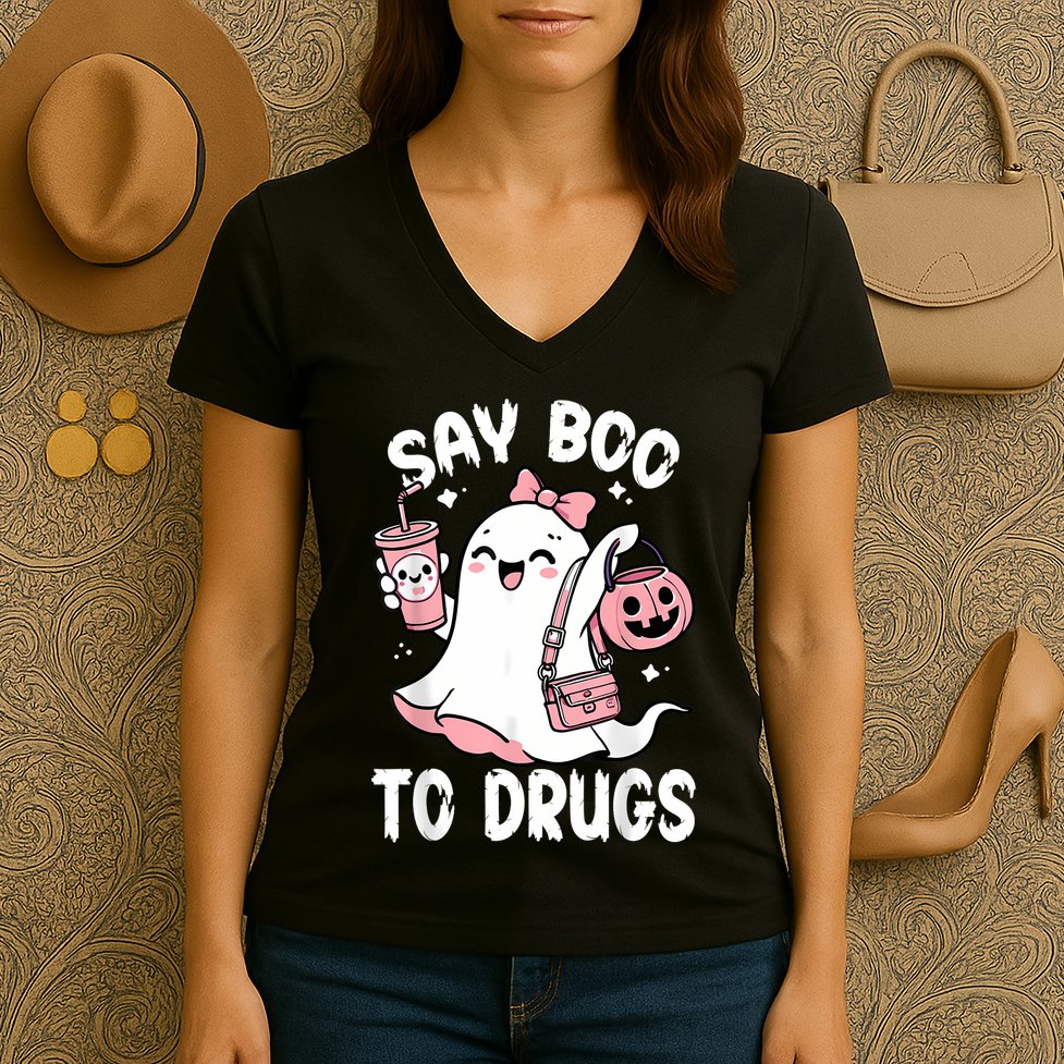 Say Boo To Drugs Funny Halloween Red Ribbon Week Awareness Women's V-Neck T-Shirt