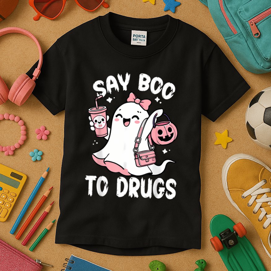 Say Boo To Drugs Funny Halloween Red Ribbon Week Awareness Kids T-Shirt