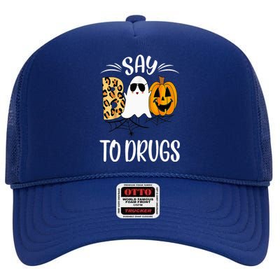 Say Boo To Drugs Funny Halloween Red Ribbon Week Awareness High Crown Mesh Back Trucker Hat