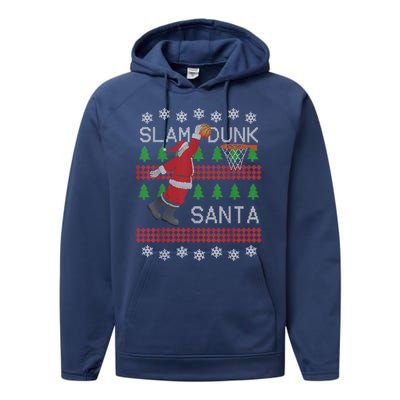 Santa Basketball Ugly Christmas Art Slam Dunk Santa Performance Fleece Hoodie