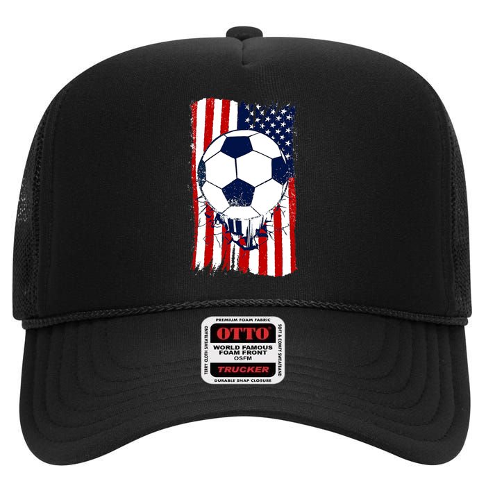 Soccer Ball USA American Flag Patriotic Football High Crown Mesh Back Trucker Hat