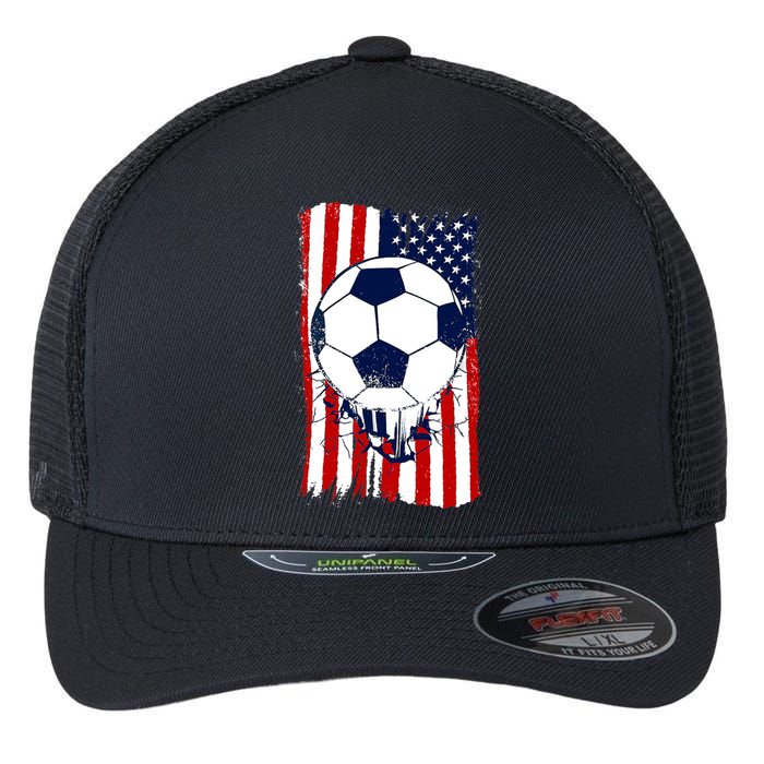 Soccer Ball USA American Flag Patriotic Football Flexfit Unipanel Trucker Cap