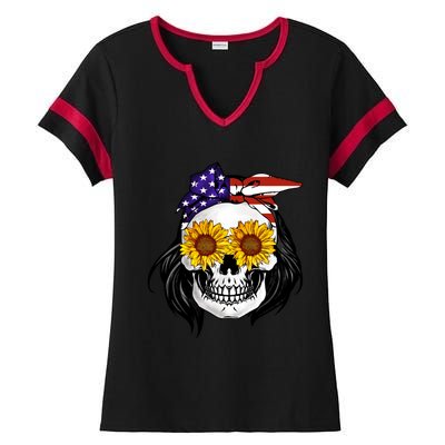 Skull Bandana Us Flag 4th Of July Funny Gift Cute Gift Ladies Halftime Notch Neck Tee