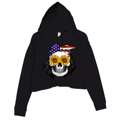 Skull Bandana Us Flag 4th Of July Funny Gift Cute Gift Crop Fleece Hoodie