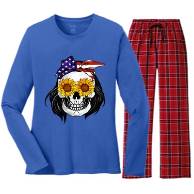 Skull Bandana Us Flag 4th Of July Funny Gift Cute Gift Women's Long Sleeve Flannel Pajama Set 