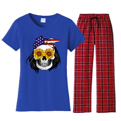 Skull Bandana Us Flag 4th Of July Funny Gift Cute Gift Women's Flannel Pajama Set