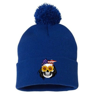 Skull Bandana Us Flag 4th Of July Funny Gift Cute Gift Pom Pom 12in Knit Beanie