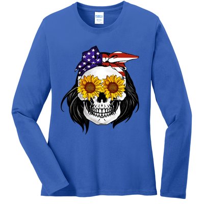 Skull Bandana Us Flag 4th Of July Funny Gift Cute Gift Ladies Long Sleeve Shirt