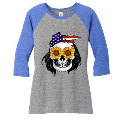 Skull Bandana Us Flag 4th Of July Funny Gift Cute Gift Women's Tri-Blend 3/4-Sleeve Raglan Shirt