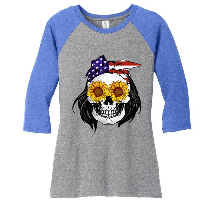 Skull Bandana Us Flag 4th Of July Funny Gift Cute Gift Women's Tri-Blend 3/4-Sleeve Raglan Shirt