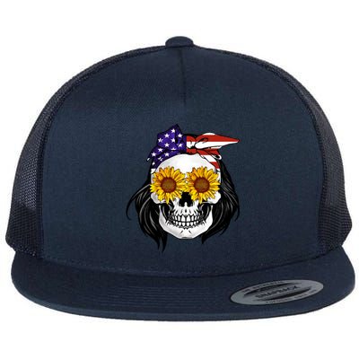 Skull Bandana Us Flag 4th Of July Funny Gift Cute Gift Flat Bill Trucker Hat