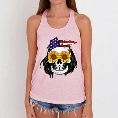 Skull Bandana Us Flag 4th Of July Funny Gift Cute Gift Women's Knotted Racerback Tank