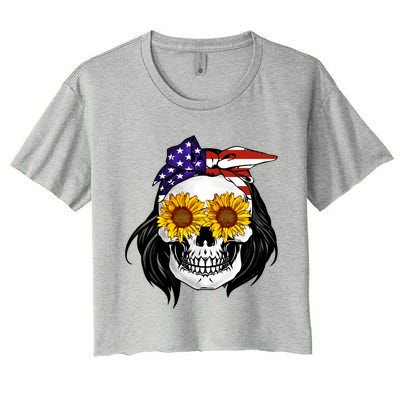 Skull Bandana Us Flag 4th Of July Funny Gift Cute Gift Women's Crop Top Tee