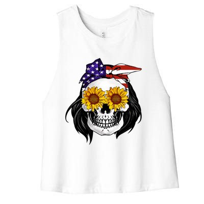 Skull Bandana Us Flag 4th Of July Funny Gift Cute Gift Women's Racerback Cropped Tank